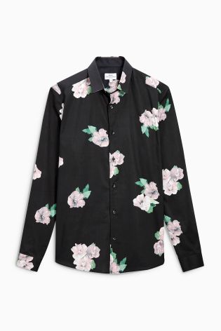 Black Long Sleeve Floral Printed Shirt